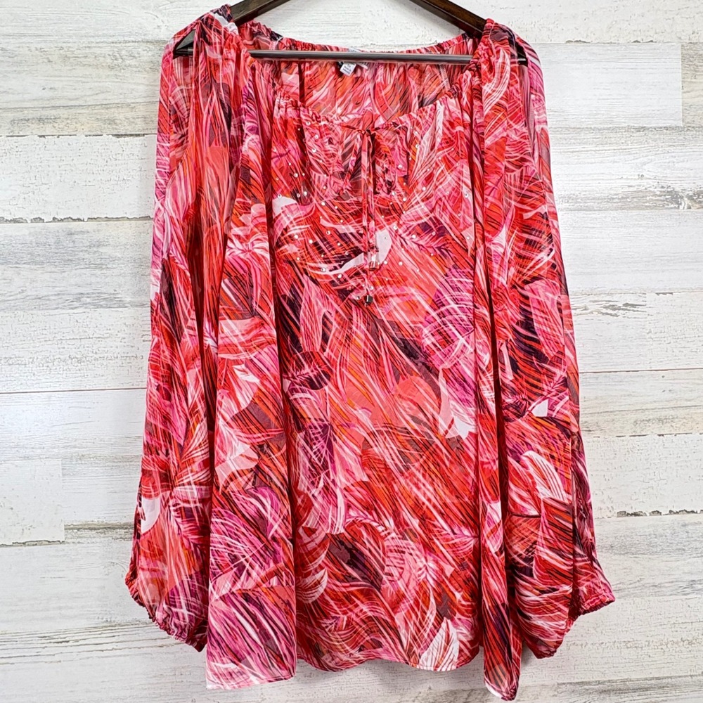 Jennifer Lopez Blouse Womens 3X Pink Tropical Rhinestone Cold Shoulder Boho Chic